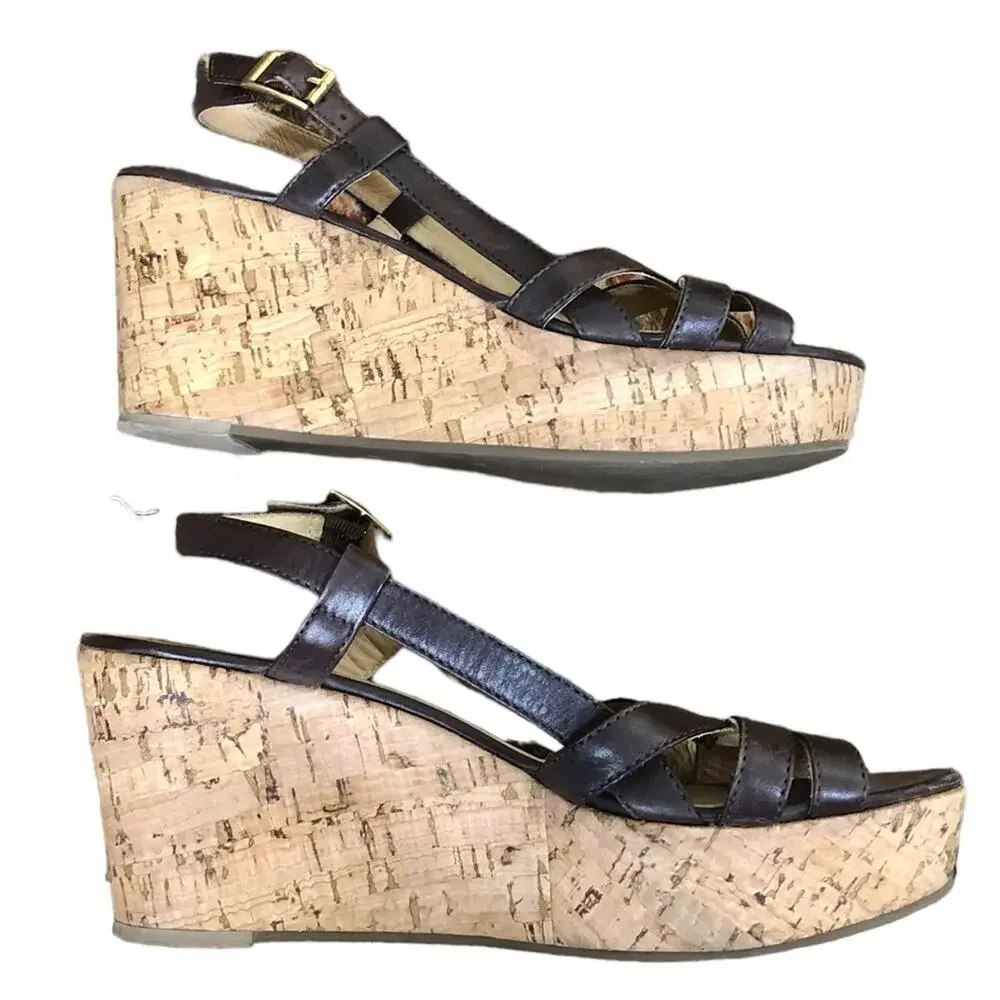 10022-Shoe Saks Fifth Avenue Brown Leather Strap Cork Wedges Size 7